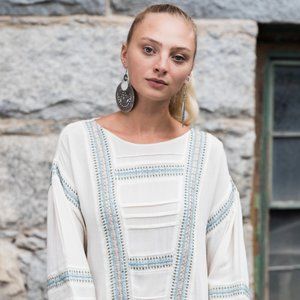 Bohemian Embroidered Blouse- Ivory, Silver & Green